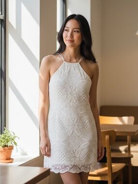 Style Stalker White Lace Halter Lined Mini Dress Women’s M Summer Wedding/Shower